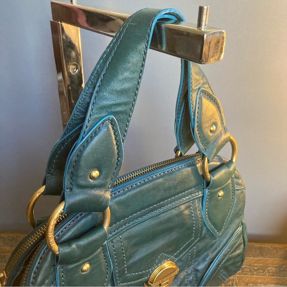 Marc by Marc Jacobs satchel leather plaid lining compartments green gold - Picture 12 of 16